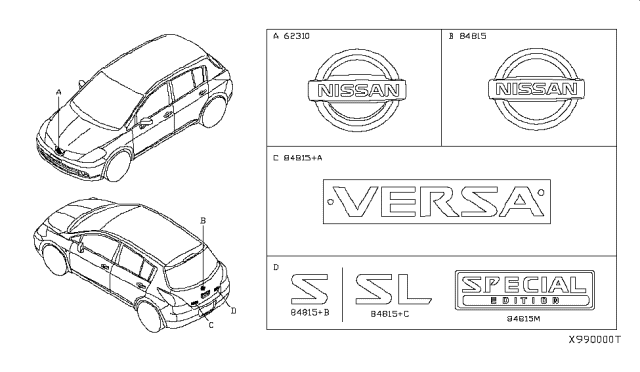 2012 Nissan Versa Front Emblem Diagram for 62890-EM30A
