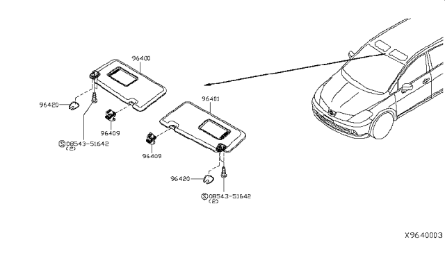 2009 Nissan Versa Left Sun Visor Assembly Diagram for 96401-ZW43A