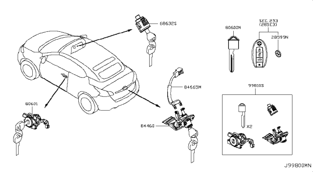 2013 Nissan Murano Cylinder Set-Glove Box Lid Lock Diagram for F8632-1PM0A