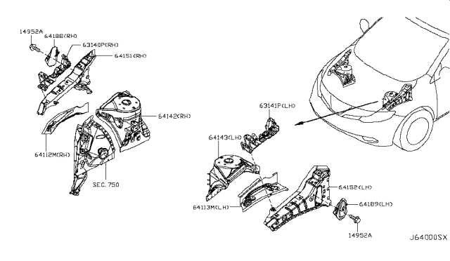 2011 Nissan Murano Hood Ledge & Fitting Diagram