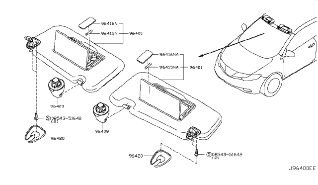 2013 Nissan Murano Left Sun Visor Assembly Diagram for 96401-1GR0A