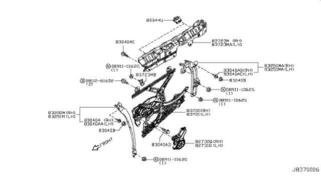 2011 Nissan Murano Side Window Regulator & Handle Diagram