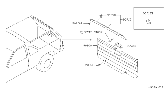 1992 Nissan Pathfinder FINISHER Back Door Upper Blue Diagram for 90904-42G01