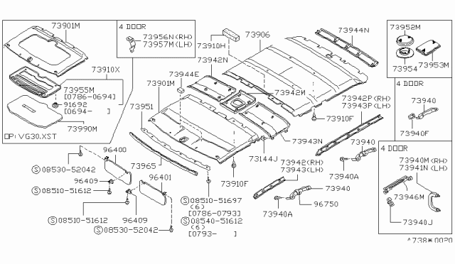 1993 Nissan Pathfinder Right Sun Visor Assembly Diagram for 96400-60G21