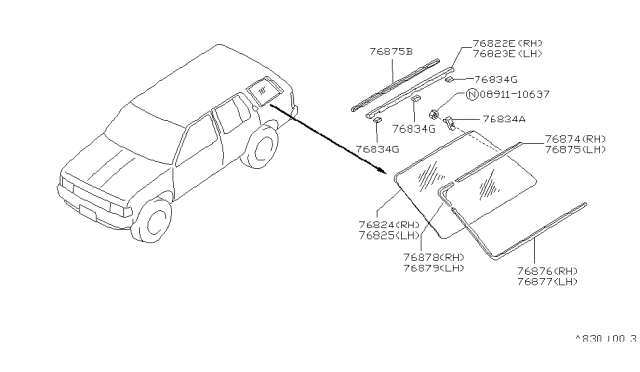 1993 Nissan Pathfinder Glass-Side Window,RH Diagram for 83300-83G05