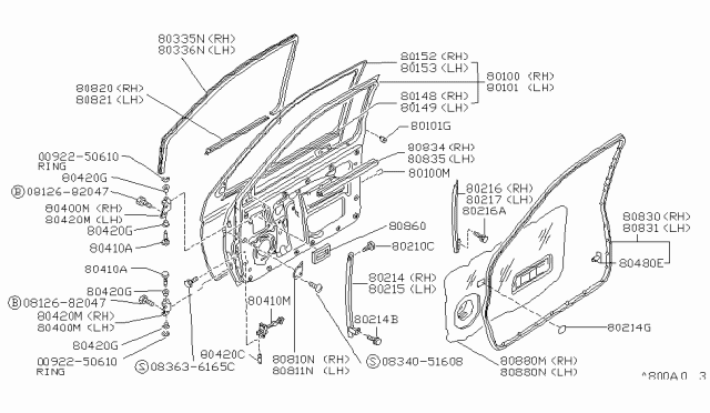 1990 Nissan Pathfinder WEATHERSTRIP-Front Door LH Diagram for 80831-01G00