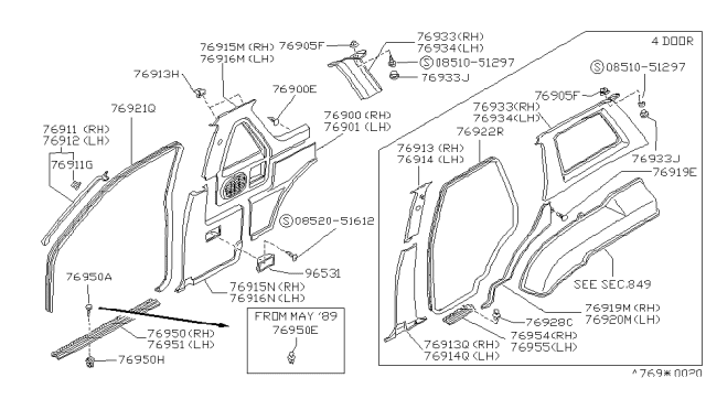 1991 Nissan Pathfinder Cap-Rear Pillar Red Diagram for 76998-41G02