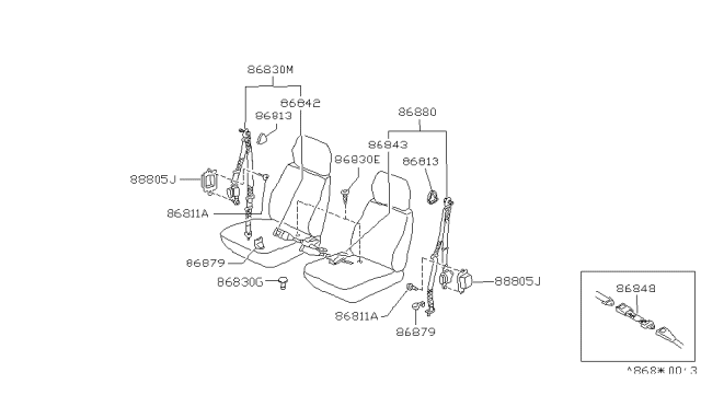 1988 Nissan Pathfinder Front Seat Belt Set, 3 Point Right Gray Diagram for 86840-42G70