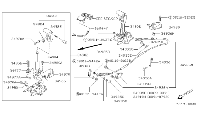 1990 Nissan Pathfinder Knob Assembly-Control Lever Auto Diagram for 34910-30G70