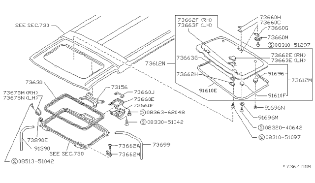 1993 Nissan Pathfinder Support Sunroof Diagram for 73880-41G60