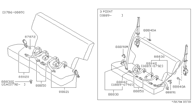 1989 Nissan Pathfinder Rear Seat Belt Set, 2Point Right Red Diagram for 88820-42G02