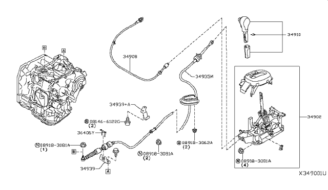 2015 Nissan NV Automatic Transmission Shift Cable Diagram for 34935-3LM0A