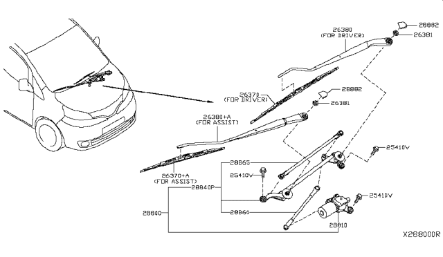 2015 Nissan NV Front Windshield Wiper Blade Assembly Diagram for 28890-3LM5A