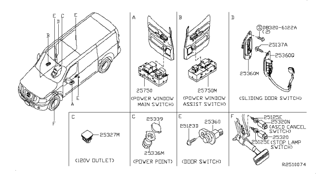 2014 Nissan NV Switch Assy-Door Diagram for 25140-1PA1B