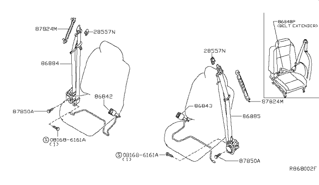 2018 Nissan NV Pretensioner Front Left Tongue Belt Assembly Diagram for 86885-1PG1A