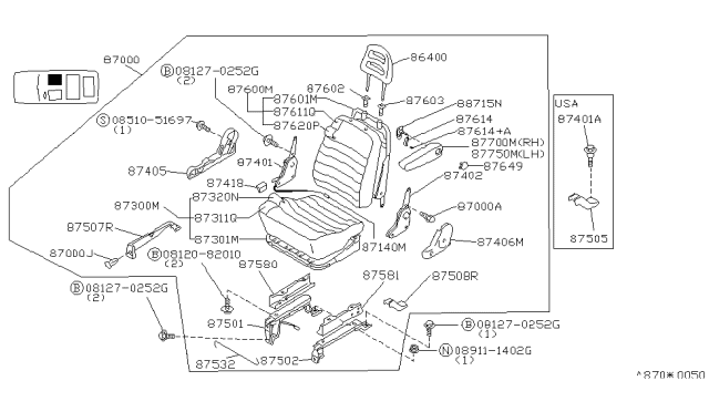 1993 Nissan Axxess Slide-RH Seat Outside Diagram for 87501-42R00