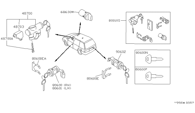 1991 Nissan Axxess Key Set-Cylinder Lock Diagram for 99810-40R25