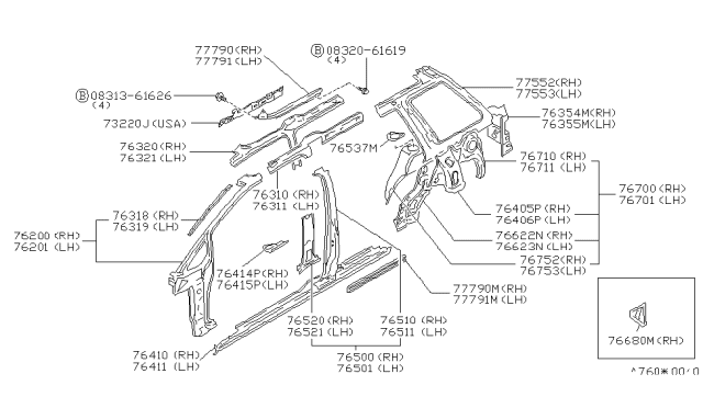 1989 Nissan Axxess Rail-Side Roof Inner RH Diagram for 76330-30R00