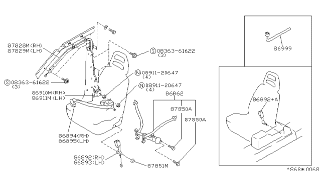 1989 Nissan Axxess Shoulder Belt Set, Passive Right Diagram for 86862-30R00
