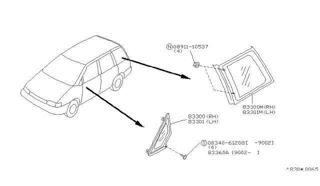 1992 Nissan Axxess Glass Assembly-Side Window RH Diagram for 83300-32R01