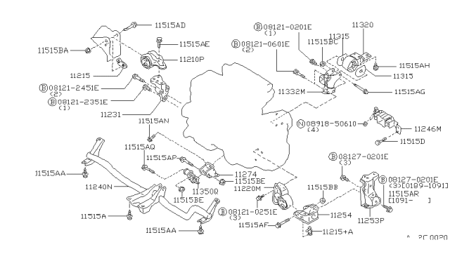 1992 Nissan Axxess Engine Mounting Bracket, Rear Diagram for 11332-40R00