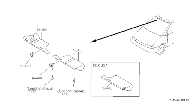 1992 Nissan Axxess Left Sun Visor Assembly Diagram for 96401-30R01