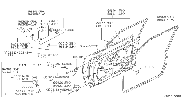 1980 Nissan Datsun 310 Front Door Panel & Fitting Diagram 1