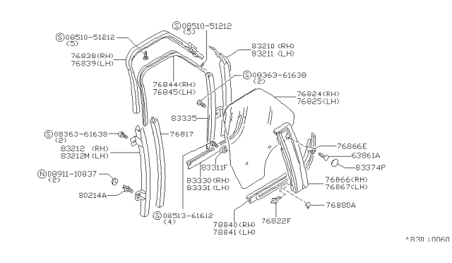 1981 Nissan Datsun 310 Clip Side Window Diagram for 83830-M8500