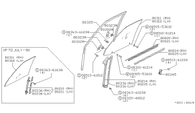 1982 Nissan Datsun 310 Glass Front RH Door Diagram for 80310-M7060