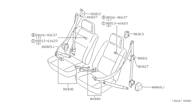 1979 Nissan Datsun 310 Front Seat Belt Set, 3Point Diagram for 86830-M6406