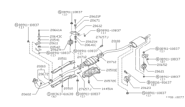 1981 Nissan Datsun 310 Exhaust Tube Assembly, Front Diagram for 20010-M6725