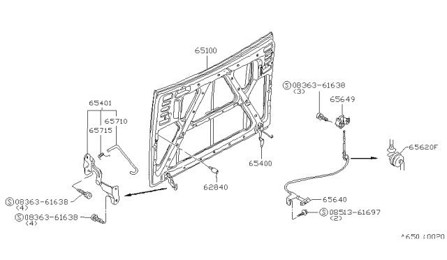 1979 Nissan Datsun 310 Hood Panel,Hinge & Fitting Diagram 1