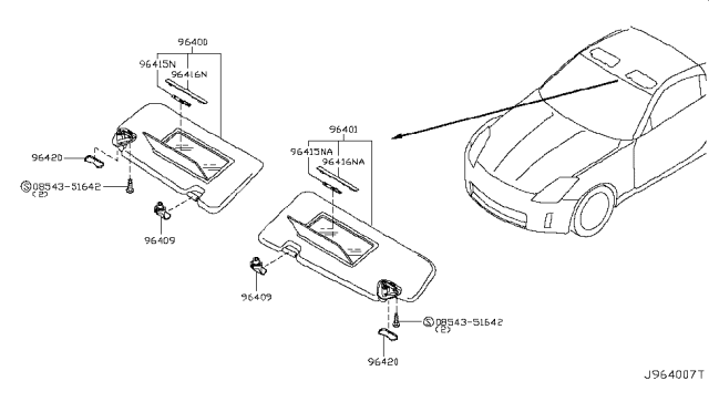 2006 Nissan 350Z Left Sun Visor Assembly Diagram for 96401-CE521