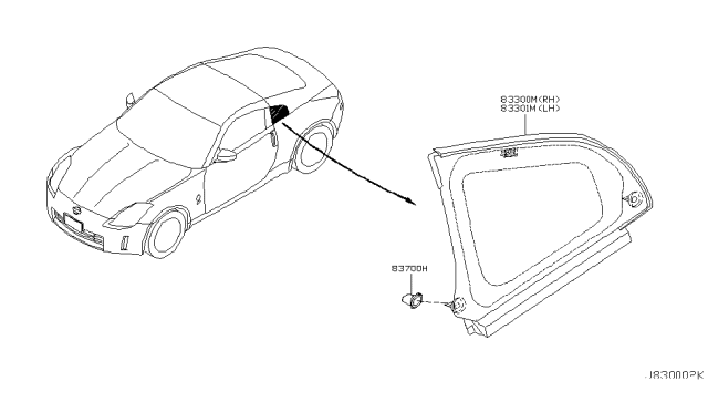 2003 Nissan 350Z Glass Assy-Side Window,RH Diagram for 83306-CD000