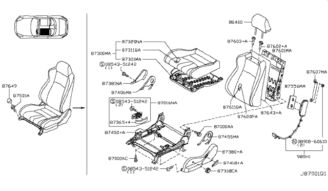 2007 Nissan 350Z Trim Assembly - Front Seat Back Diagram for 87670-CF45A