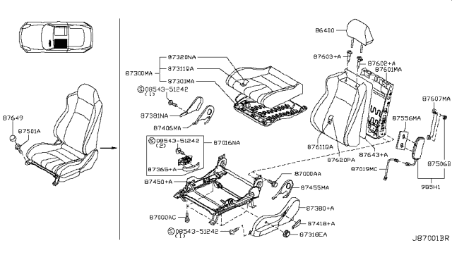 2004 Nissan 350Z Trim Assembly-Front Seat Back Diagram for 87670-CD100