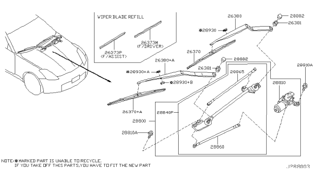 2007 Nissan 350Z Windshield Wiper Arm Assembly Diagram for 28881-CD006