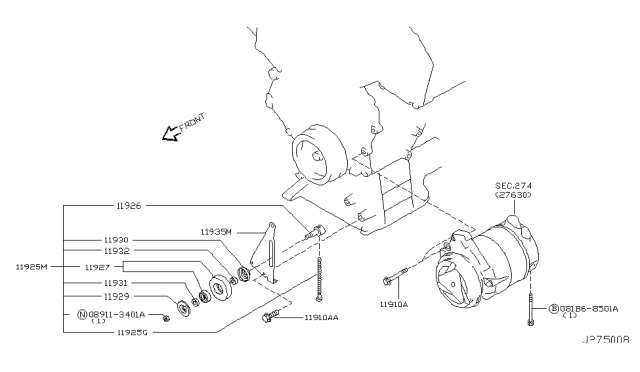 2003 Nissan 350Z Compressor Mounting & Fitting Diagram