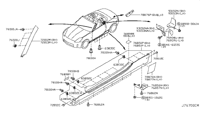 2008 Nissan 350Z Finisher-Front Pillar RH Diagram for 76836-CF40C