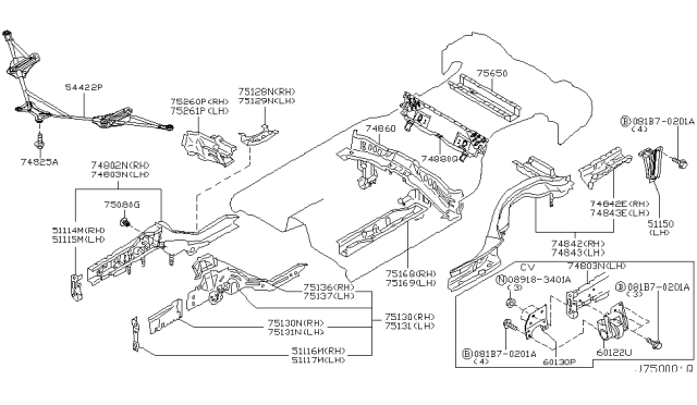 2003 Nissan 350Z Member Assembly-Rear Cross Center Diagram for 75650-CD010