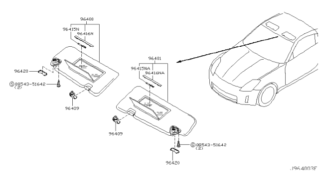 2007 Nissan 350Z Left Sun Visor Assembly Diagram for 96401-EV11B