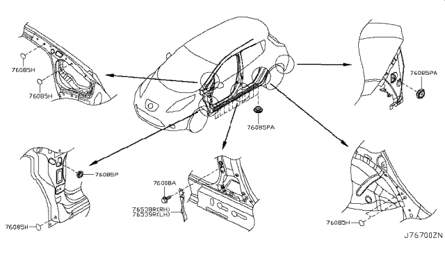 2012 Nissan Leaf Closing Plate Center Pillar LH Diagram for 76539-3NA0H