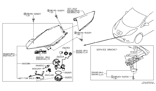 2012 Nissan Leaf Headlamp Housing Assembly, Passenger Side Diagram for 26025-3NA0A