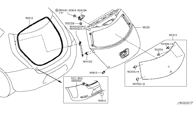 2012 Nissan Leaf Glass Back Door Window Diagram for 90300-3NA0A