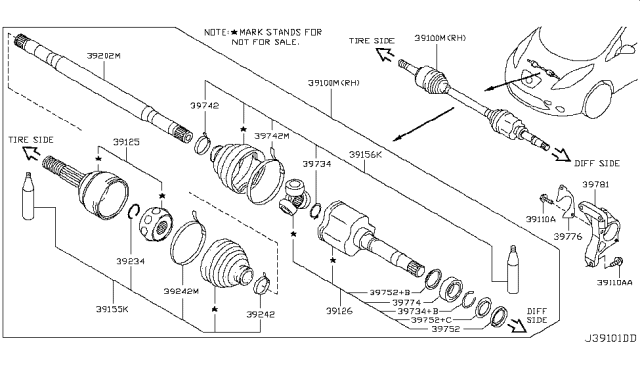 2012 Nissan Leaf Shaft Assembly-Front Drive RH Diagram for 39100-3NA0B