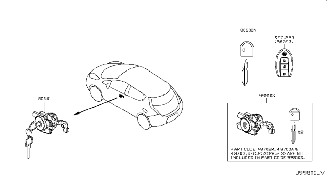 2012 Nissan Leaf Key Set Diagram for 99810-3NA0A