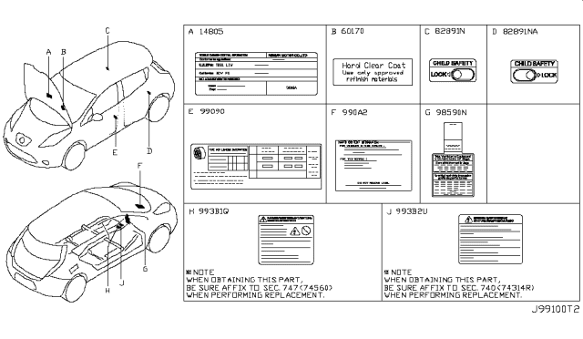 2012 Nissan Leaf Emission Label Diagram for 14805-3NA0C