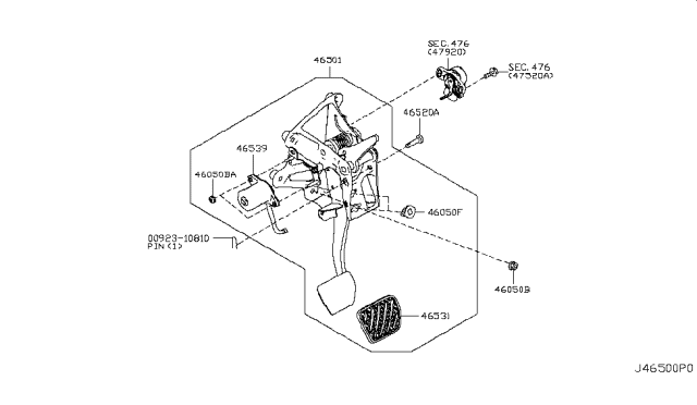 2012 Nissan Leaf Pedal Assy-Brake W/Bracket Diagram for 46501-3NA0B