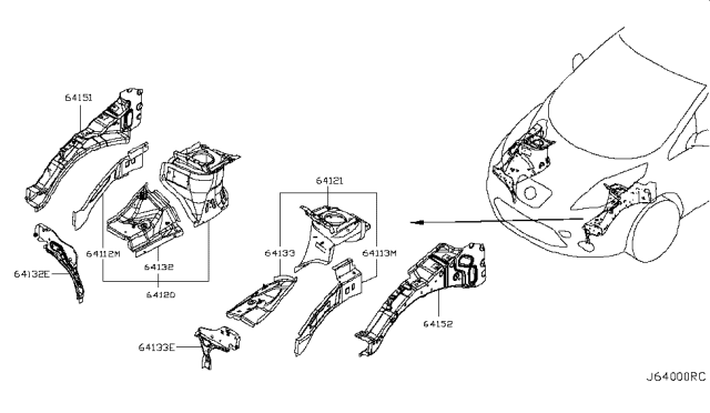 2012 Nissan Leaf Hoodledge-Lower,Front RH Diagram for 64132-3NA0A