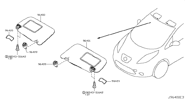 2012 Nissan Leaf Left Sun Visor Assembly Diagram for 96401-3NA0D